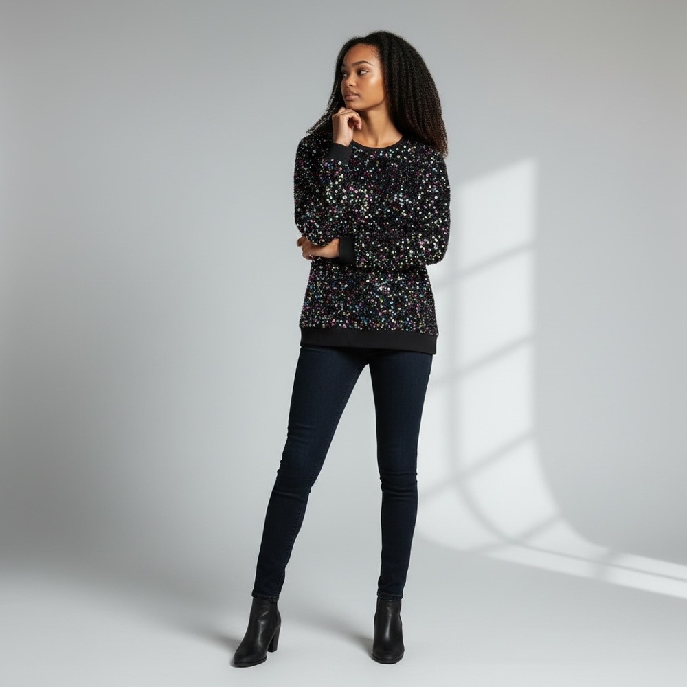 Shiraleah Chicago Sequin Sweatshirt L Black Multicolor Fiesta NWT Party Holiday